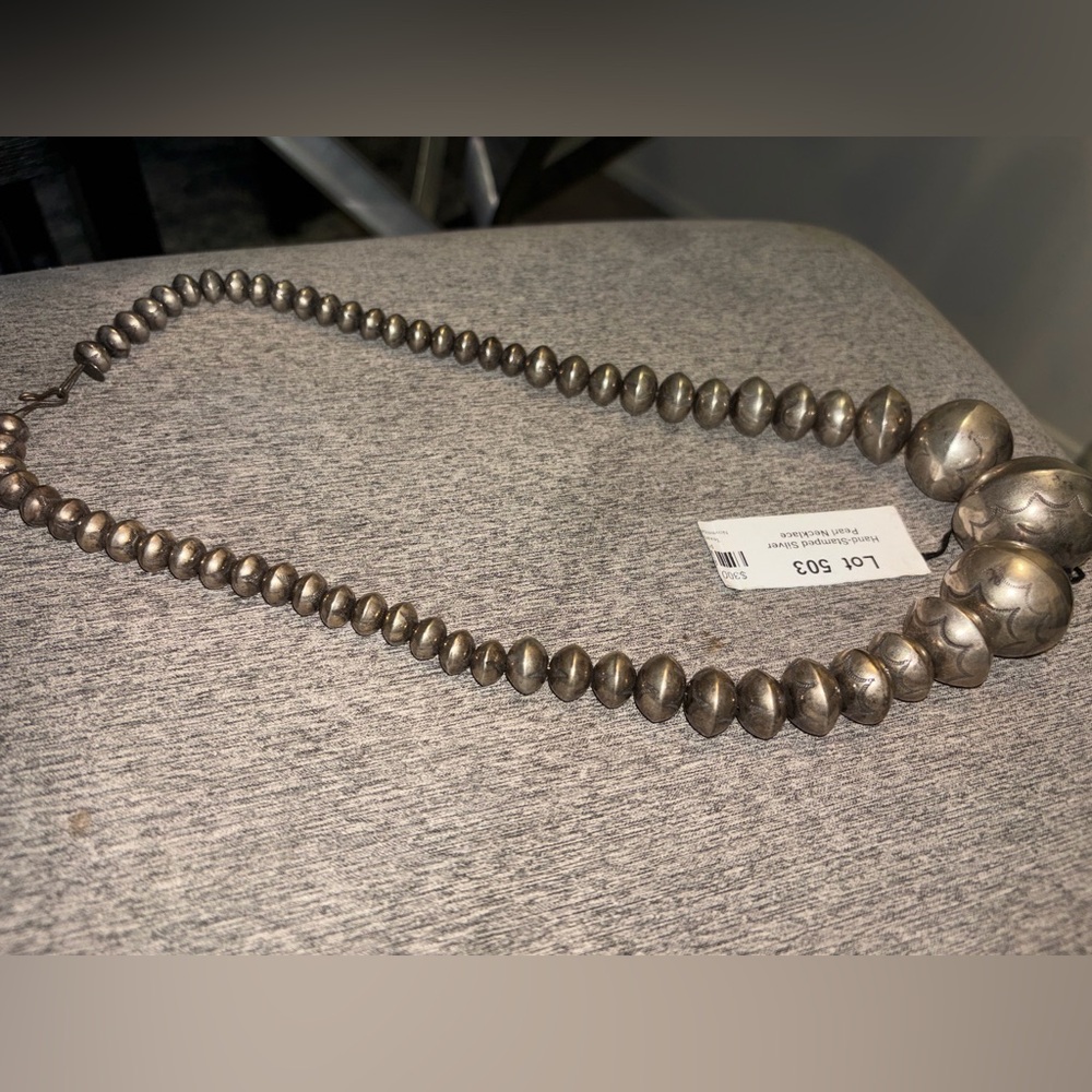 Hand stamped silver pearl necklace- Navajo Style Necklace - Silver - Picture 2 of 7